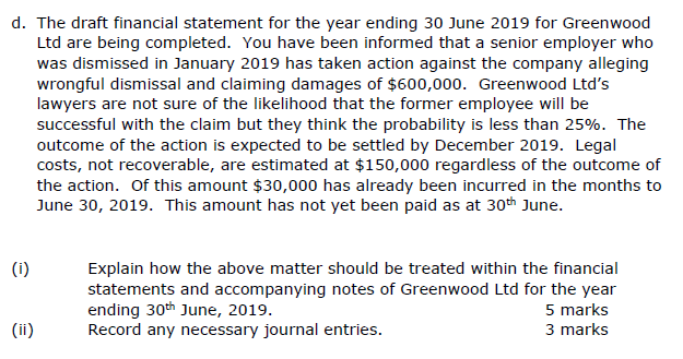  d. The draft financial statement for the year ending 30 June