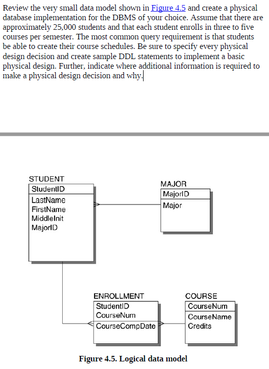  Review the logical data model above. Create a Physical Data implementation.