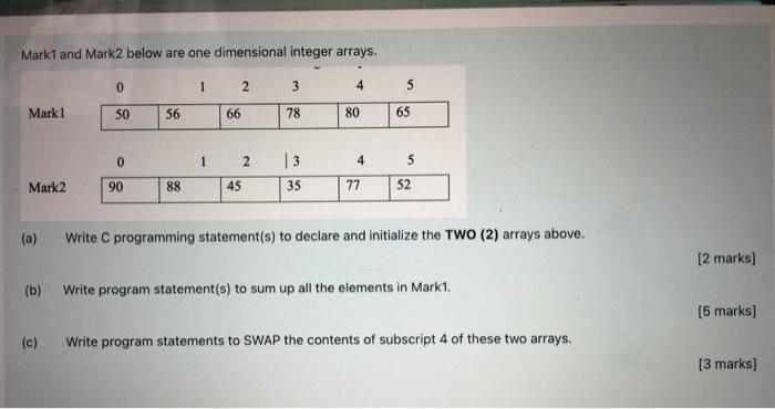 Mark1 and Mark2 below are one dimensional integer arrays. 0 1