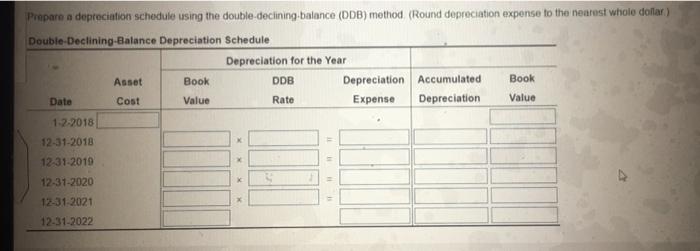 Expense Depreciation Value 1-2-2018 12:31-2018 12.31.2019 12-31-2020 12.31-2021 12-31-2022 Prepare a depreciation