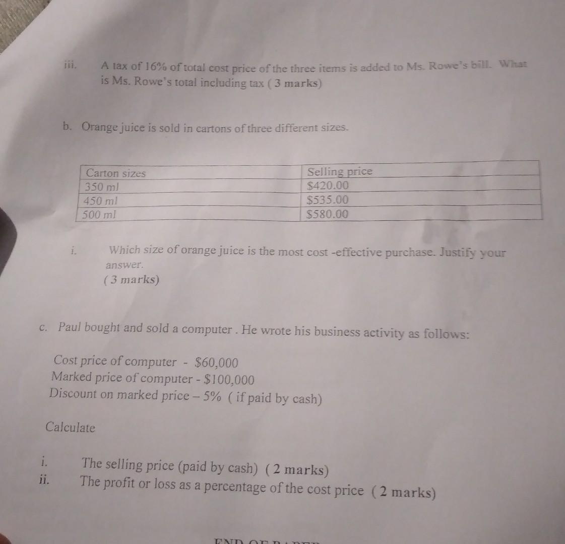 shows a shopping bill prepared for Ms. Rowe. The prices of some