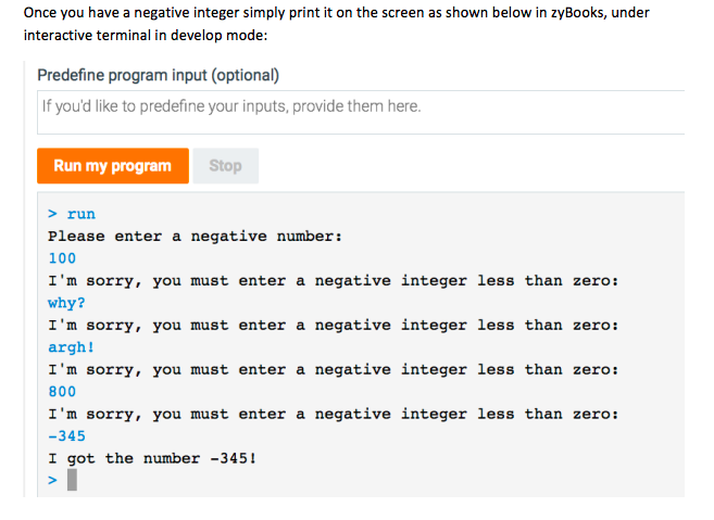 the user to enter a negative integer. Your program should print a