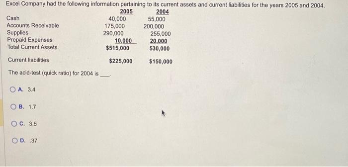  The acid-test (quick ratio) for 2004 is A. 3.4 B. 1.7
