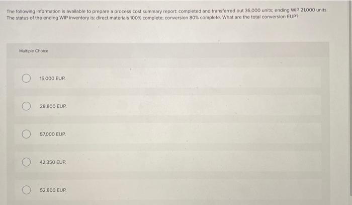the following activity during the month: ending WIP 9,000 units; started 30,000