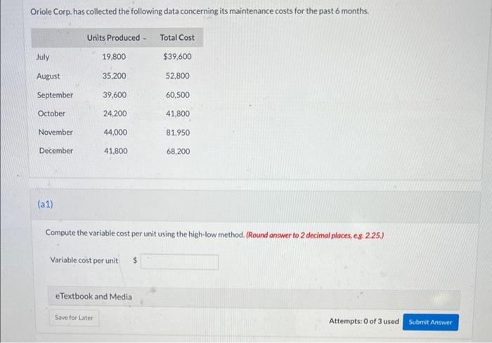  Oriole Corp. has collected the following data concerning its maintenance costs