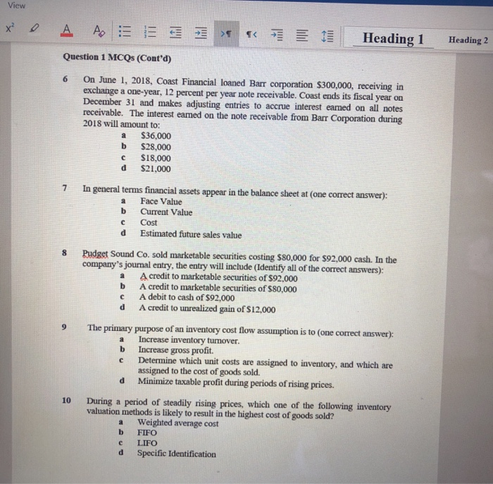 multiple choice View x 2 A. > Heading 1 Heading 2 Question