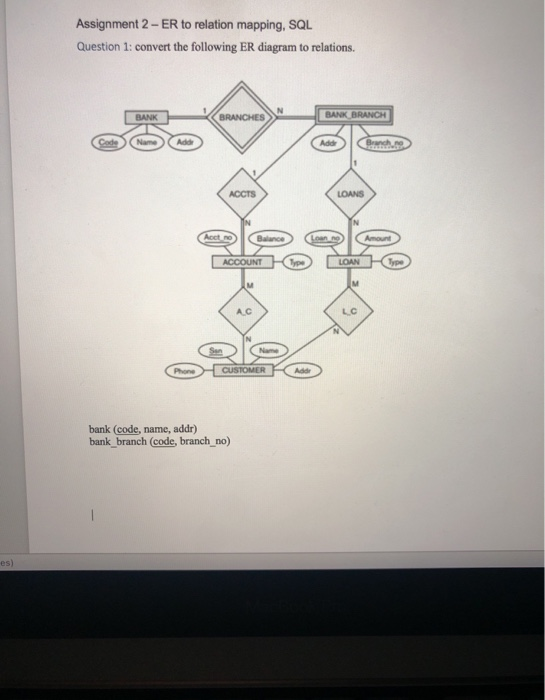  Assignment 2 - ER to relation mapping, SQL Question 1: convert