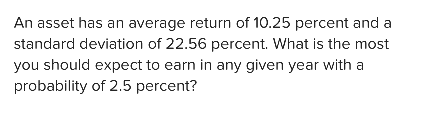 excel please. An asset has an average return of 11.21 percent and