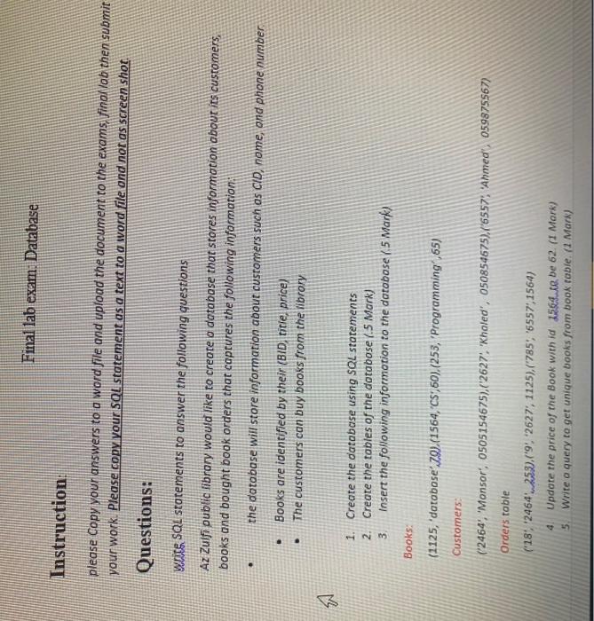  Final lab exam Database Instruction: please Copy your answers to a