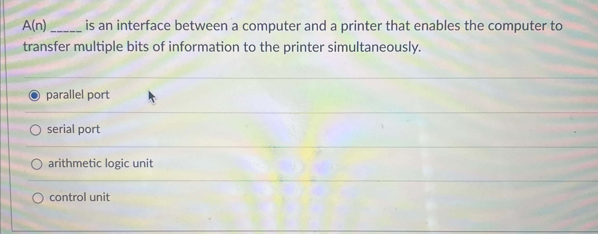  A(n)q, is an interface between a computer and a printer that