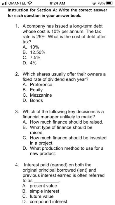  .. OMANTEL 8:24 AM 78% Instruction for Section A: Write the