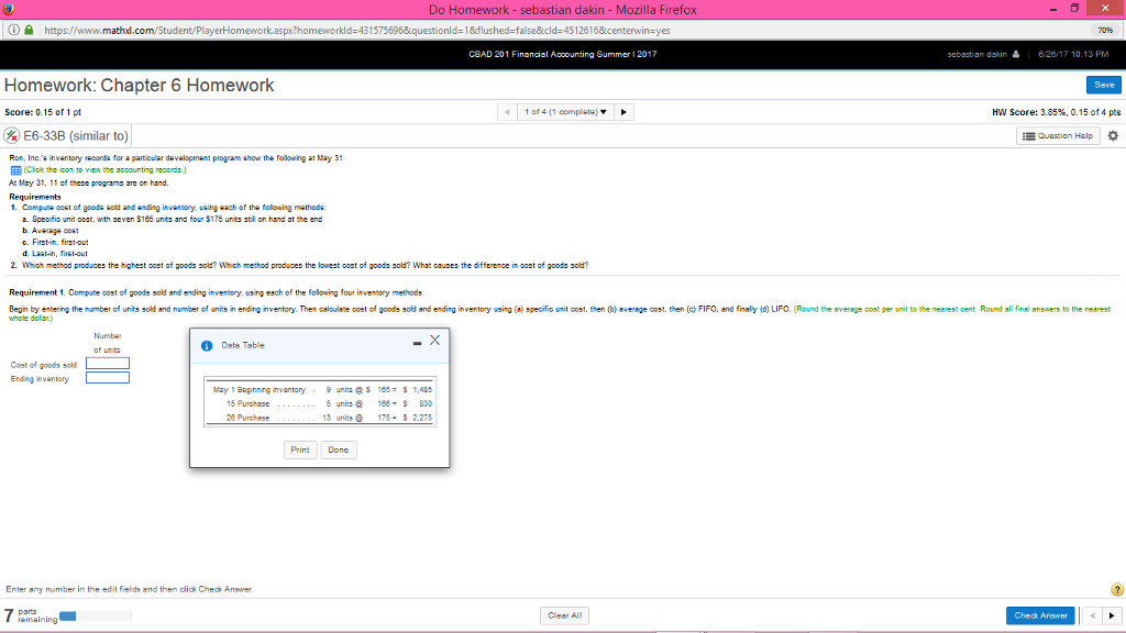 Ron comma Inc.'s inventory records for a particular development program show the