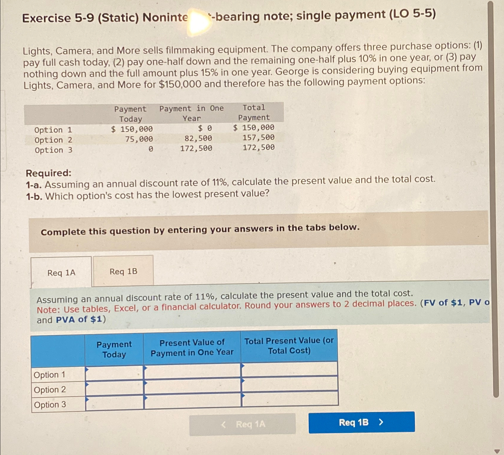  Exercise 5-9(Static) Noninte "-bearing note; single payment (LO 5-5) Lights, Camera;