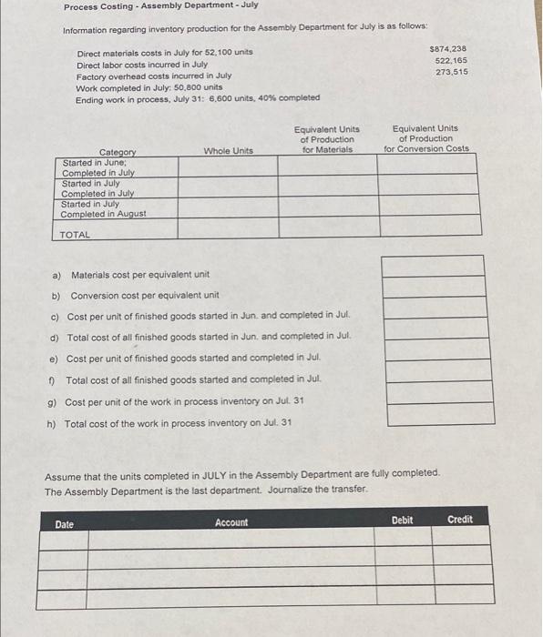 for the Assembly Department for June is as follows: Direct materials costs