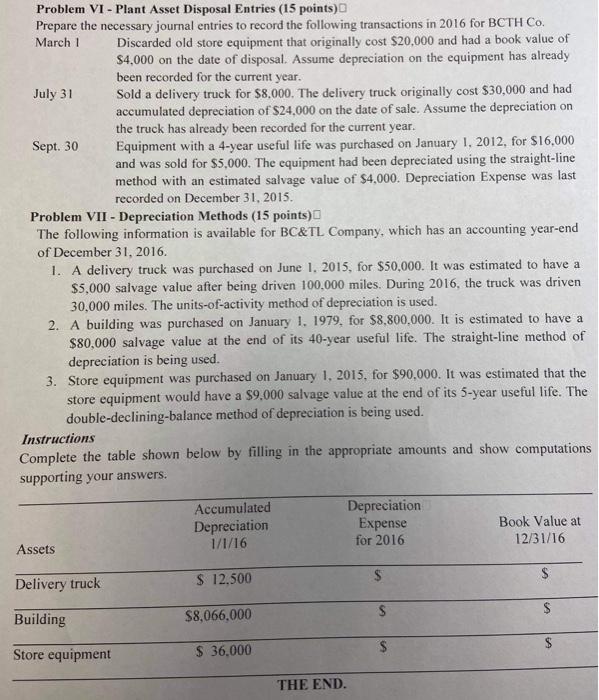 Please help me problem vii Problem VI - Plant Asset Disposal Entries