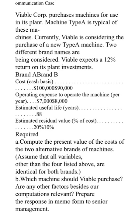  ommunication Case Viable Corp. purchases machines for use in its plant.