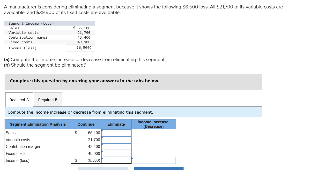  A manufacturer is considering eliminating a segment because it shows the