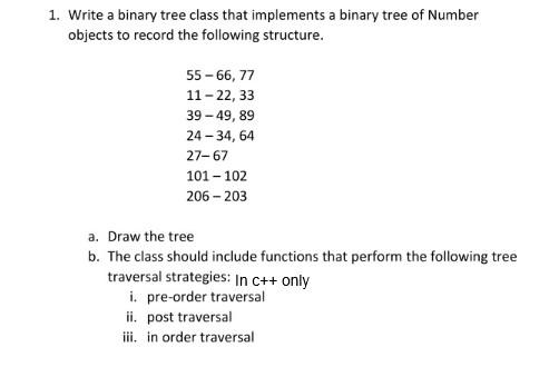  1. Write a binary tree class that implements a binary tree