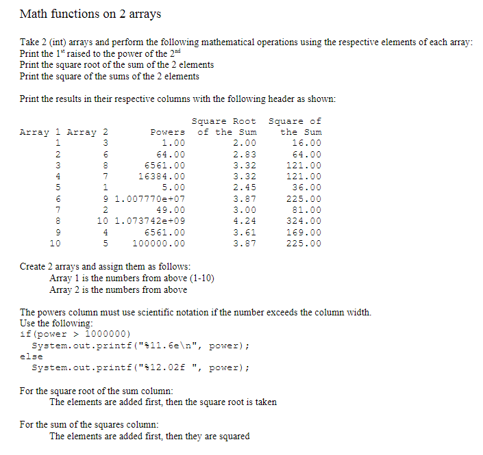  Math functions on 2 arrays Must Compile or Zero points incorrect