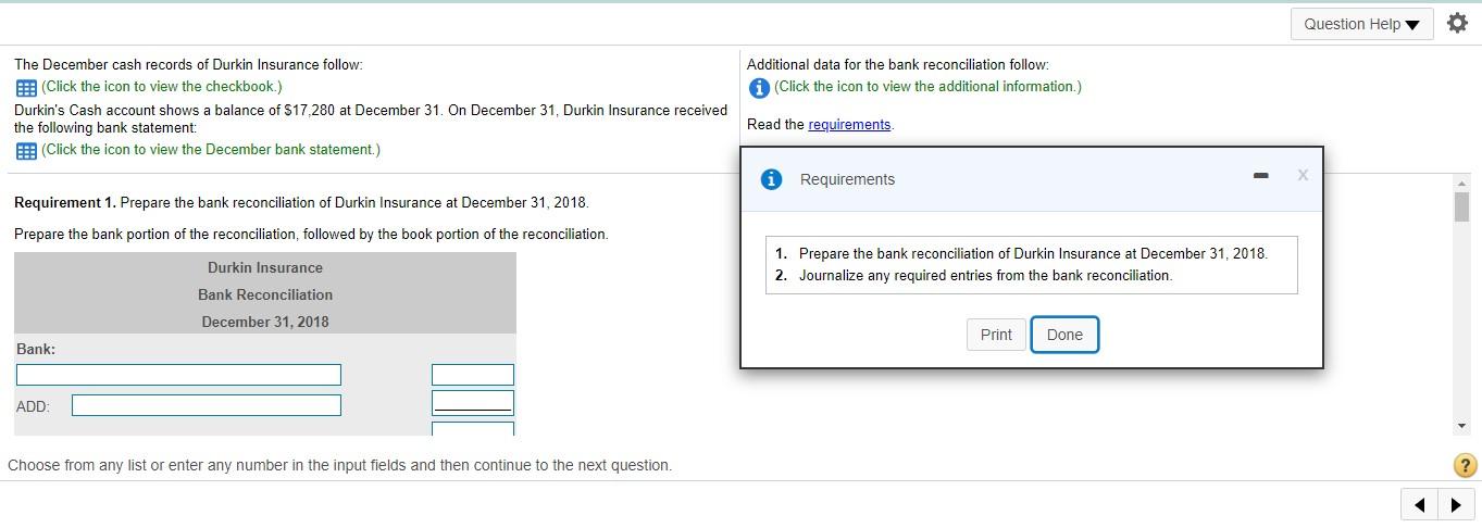 Question Help Additional data for the bank reconciliation follow: A (Click