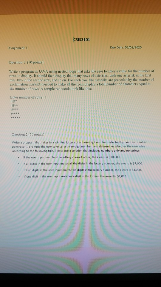  help we use Eclipse. CSIS 3101 Assignment 3 Due Date: 02/02/2020