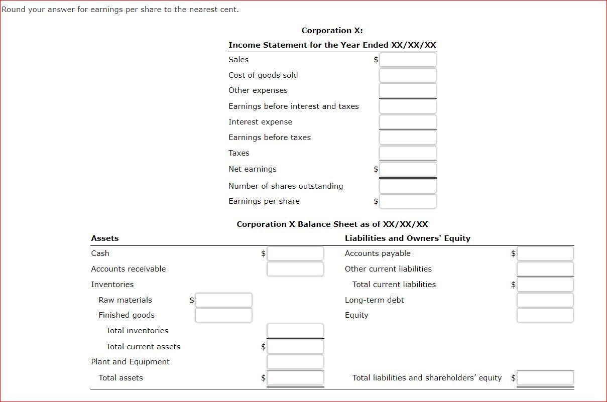 balance sheet: Sales Finished goods Long-term debt Raw materials Cash Cost goods
