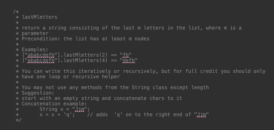 Java - read carefully * * lastMletters * * return a string