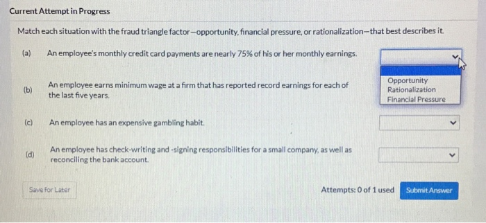  Current Attempt in Progress Match each situation with the fraud triangle