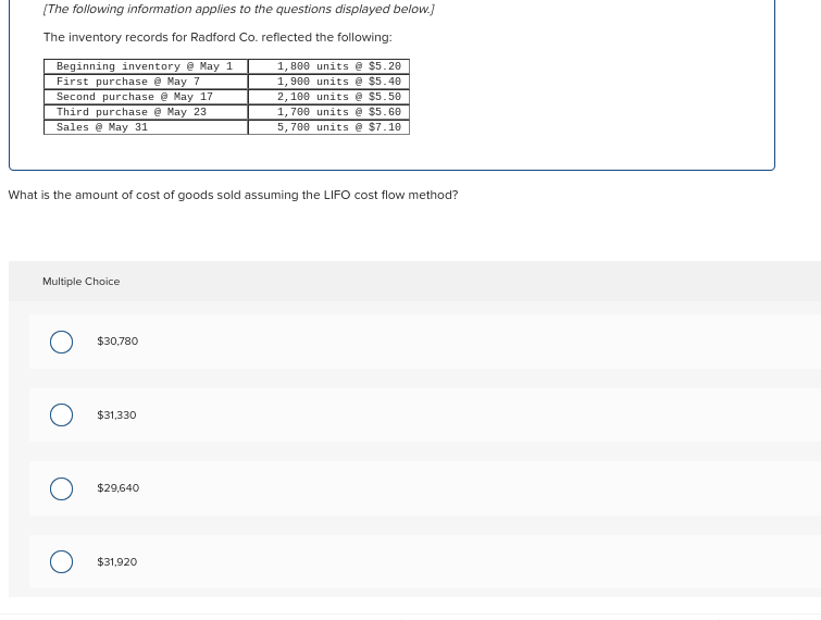 to the questions displayed below.) The inventory records for Radford Co. reflected
