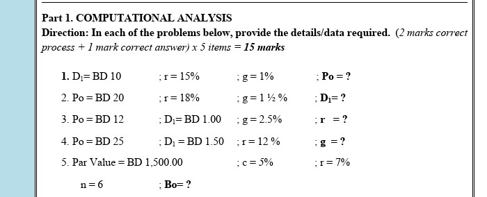  Part 1. COMPUTATIONAL ANALYSIS Direction: In each of the problems below,