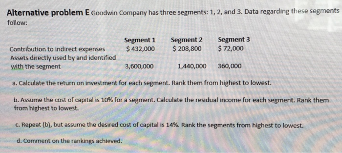  Alternative problem E Goodwin Company has three segments: 1, 2, and