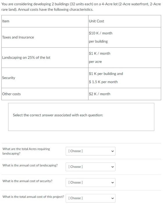  You are considering developing 2 buildings (32 units each) on a