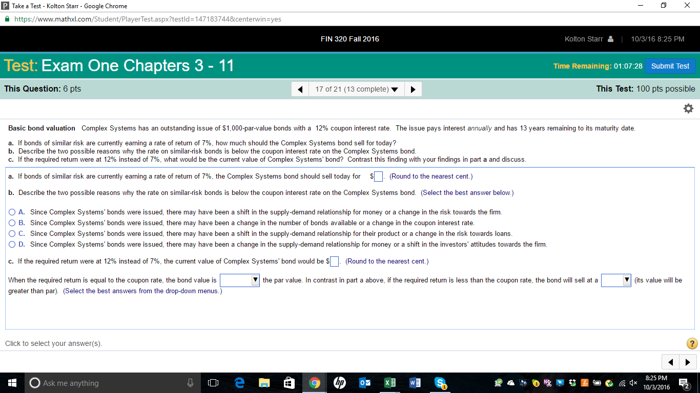Basic bond valuation Complex Systems has an outstanding issue of $1,000-par-value