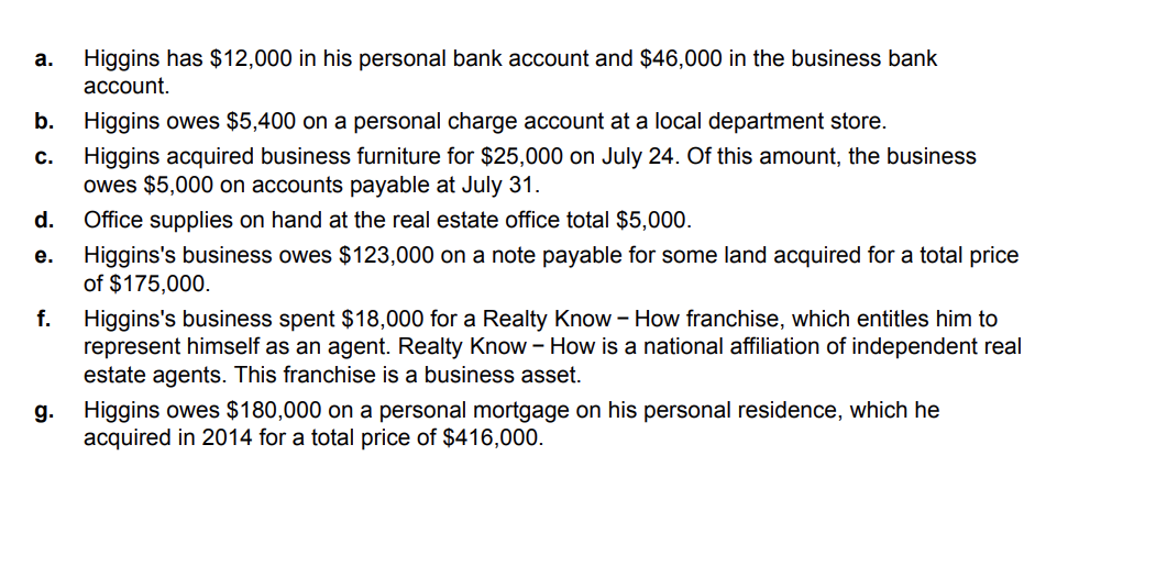  a. b. c. d. e. Higgins has $12,000 in his personal