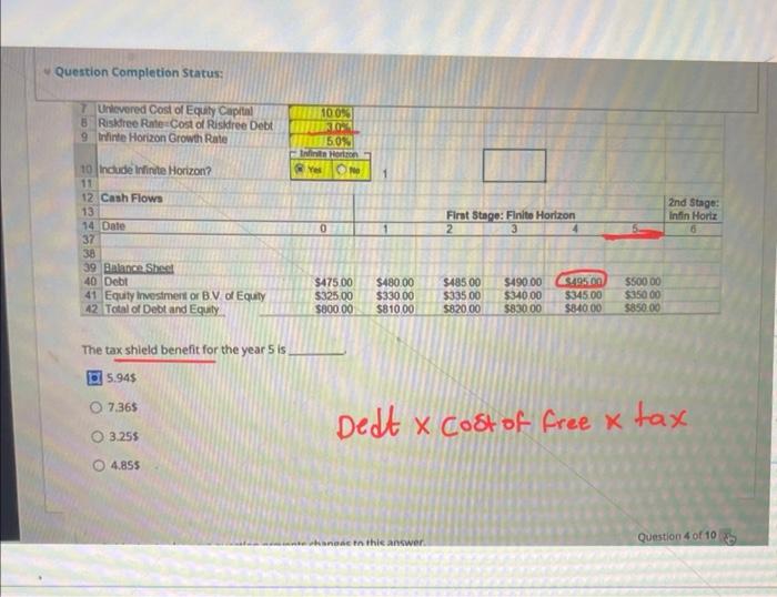  Question Completion Status: The tax shield benefit for the year 5