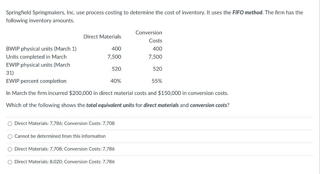  Springfield Springmakers, Inc. use process costing to determine the cost of
