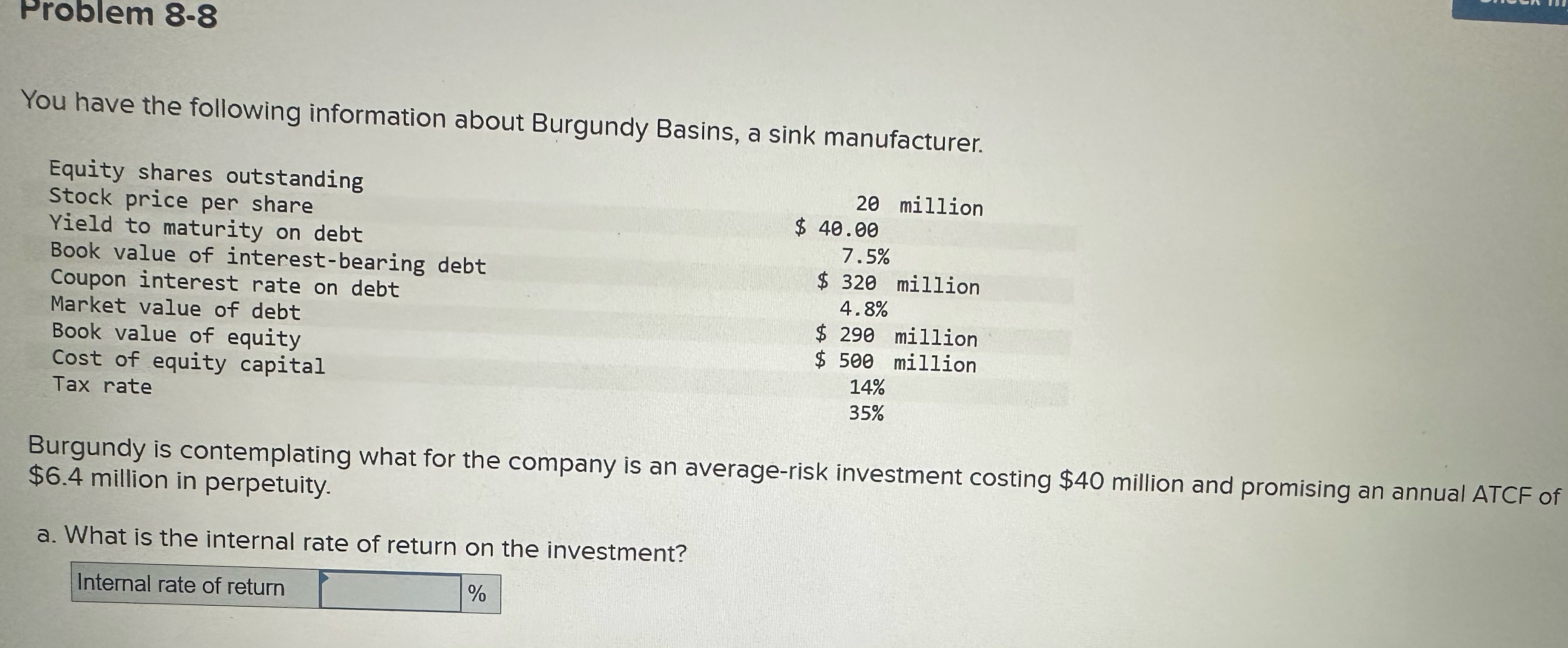  Problem 8-8 You have the following information about Burgundy Basins, a