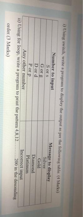 C langauge i) Using switch, write a program to display the output