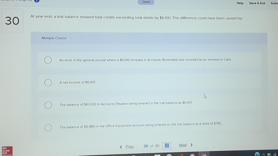  Saved Help Save & Exit Subre At year-end, a trial balance