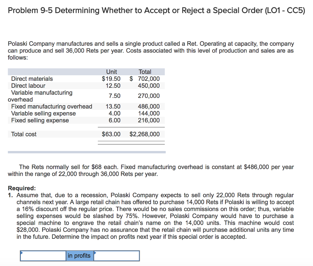 Problem 9-5 Determining Whether to Accept or Reject a Special Order