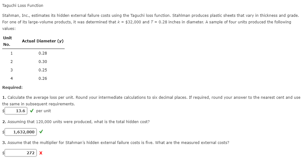  Taguchi Loss Function Stahman, Inc., estimates its hidden external failure costs