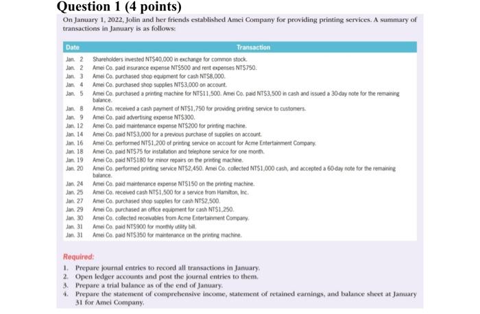 help me please Question 1 (4 points) On January 1, 2022, Jolin