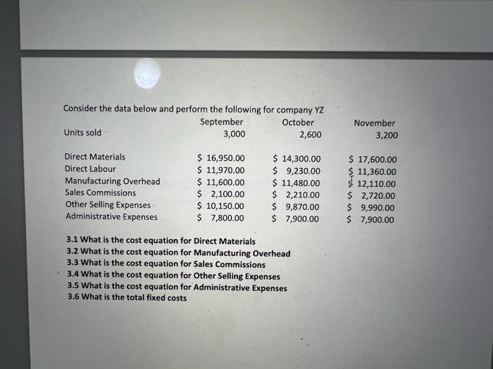  Consider the data below and perform the following for comnanv y7