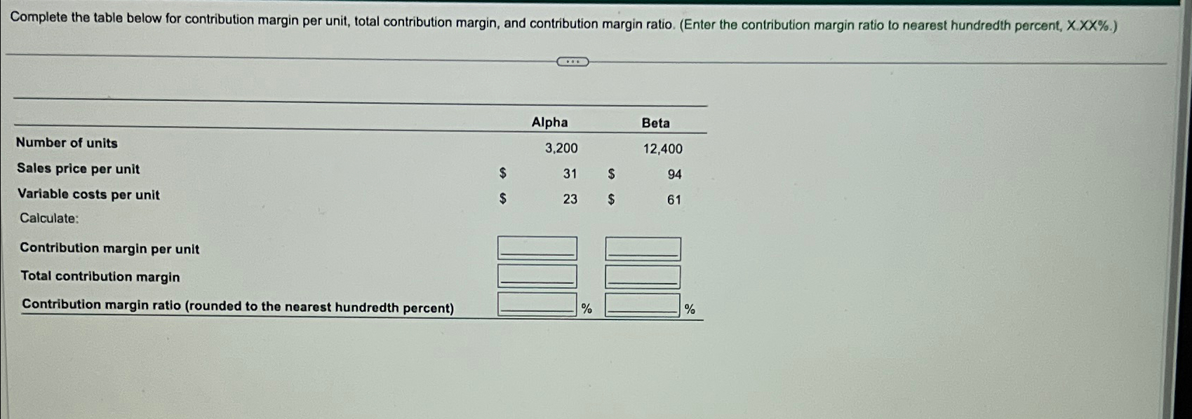  Complete the table below for contribution margin per unit, total contribution