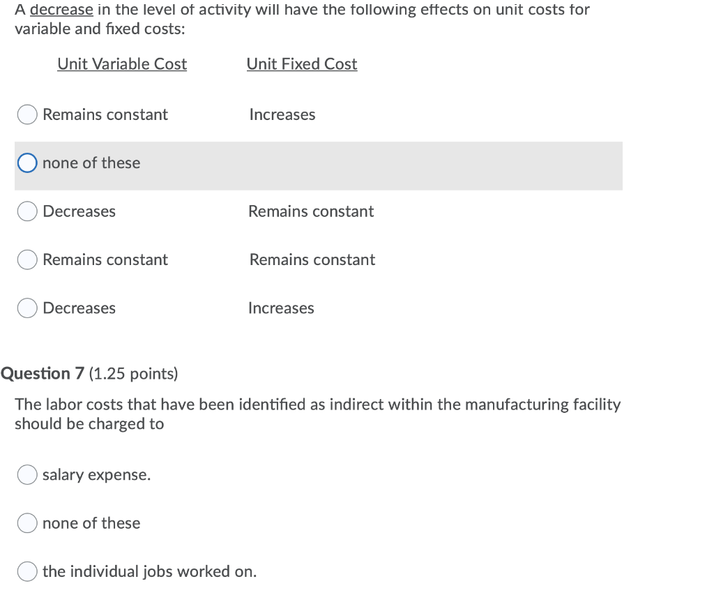  A decrease in the level of activity will have the following