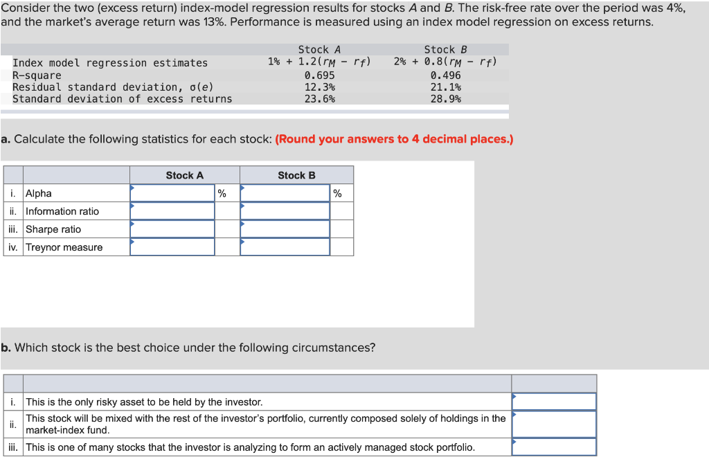  Consider the two (excess return) index-model regression results for stocks A