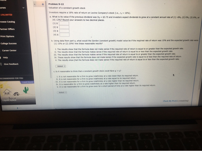  Problem 9-12 Valuation of a constant growth stock urses E UNLIMITED