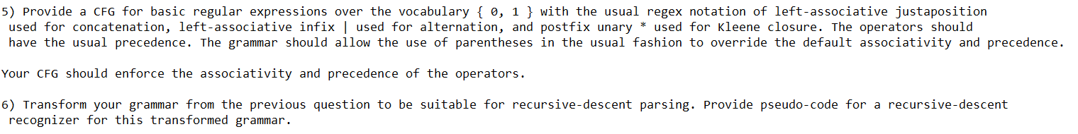  5) Provide a CFG for basic regular expressions over the vocabulary