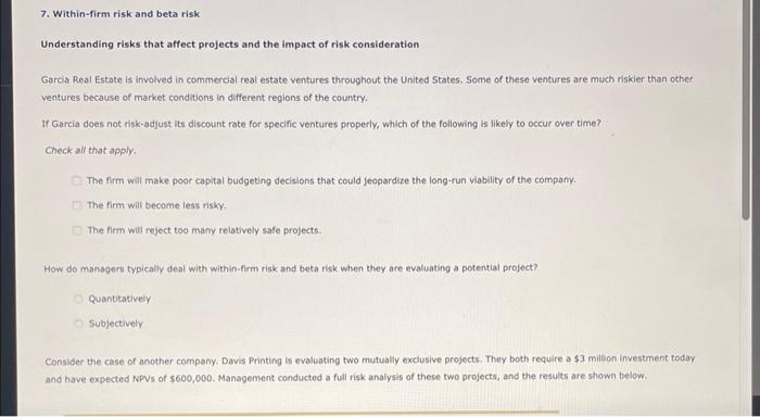  7. Within-firm risk and beta risk Understanding risks that affect projects