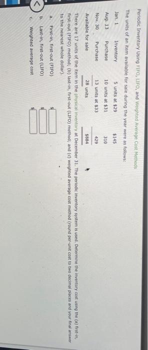  Periodic Inventory Using FIFO, LIFO, and Weighted Average Cost Methods The